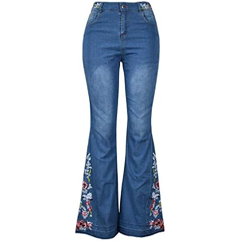 Women Flared Fit Jeans Washed Long Denim Pants with Floral Embroidery Bell Bottom (UK 12/Tag M) Cover