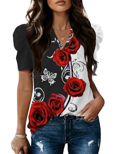 Image of LOMON Spring Summer Tops for Women 2026 V Neck Puff Short Sleeve Tops Fashion Trendy Work Blouses Dressy Casual S-XXL