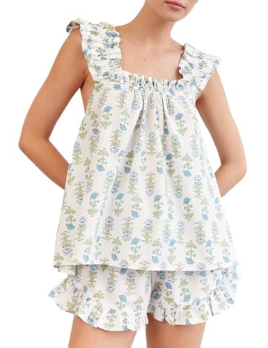 Wyeysyt Summer PJs for Women Set, Womens Floral Pajama Set Trim Cami Top and Shorts 2 Piece Sleepwear Set