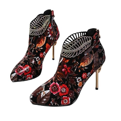 Women's Shiny Rhinestone Ankle Boots Elegant Kitten High Heels Flower Embroidery Pointed Toe Short Boots Night Club Party Shoes