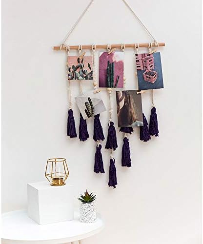 IcosaMro Wall Photo Display Macrame Wall Hanging Boho Bohemian Decor Art Picture Hanger for Home Living Room Dorm,Purple& 25 Wood Clips