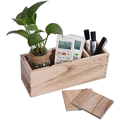 Wood Remote Control Holder Caddy, 4 Slots Table TV Remote Organizer Storage, Multiuse Desk Storage Caddy for Store Pen, Phone, Office Supplies Cover
