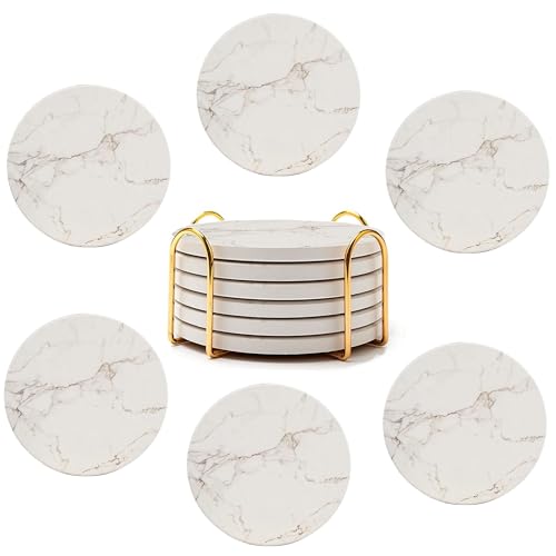 White Marble Coaster Set of 6, Absorbent Beverage Coaster, Round Cork Base Ceramic Coasters, 4 Inch Coasters with Gold Storage Rack