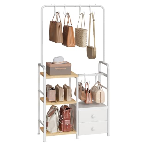 HOOBRO Estantería Alta de 3 Niveles para Bolsos de Mano, con Ganchos y Cajón, Organizador Independiente para Exhibir Bolsos, para Guardarropa, Entrada, Dormitorio, Natural y Blanco EWN98CJ01