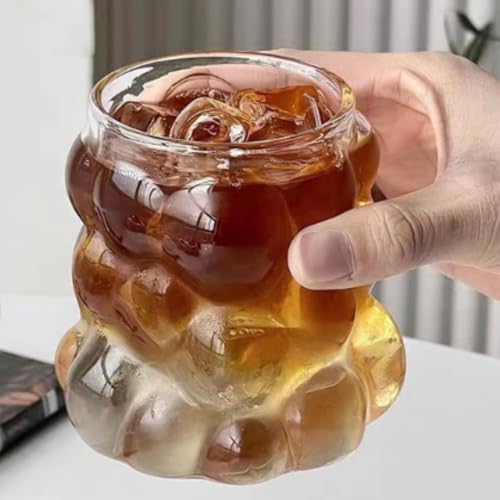 Ribbed Glass Cups, 13 Oz Vintage Drinking Glassware with Grape Shape Design, Bubble Cups for Iced Coffee, Juice, Beverage, Milk, Cocktails, Bubble Tea, and More