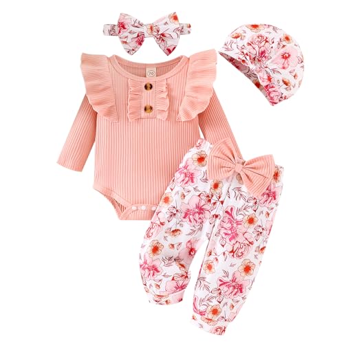 Image of GDTOGRT Baby Girl Clothes Infant Newborn Outfits Romper Pants Cute Bow Headband Hat Sets for Baby Girls (0-3-6-12-18 Months)
