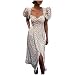Robe midi taille haute pour femme avec contrôle du ventre, manches bouffantes, col en V, fente latérale et fermeture éclair dans le dos, beige, XXL