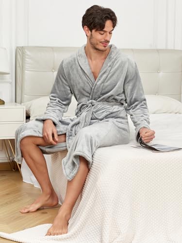 RONGTAI Bathrobe for Men, Long Shawl Collar Robe, Plush Fleece Fabric, Side Pockets, Warm and Cozy Sleepwear (Grey, M)4