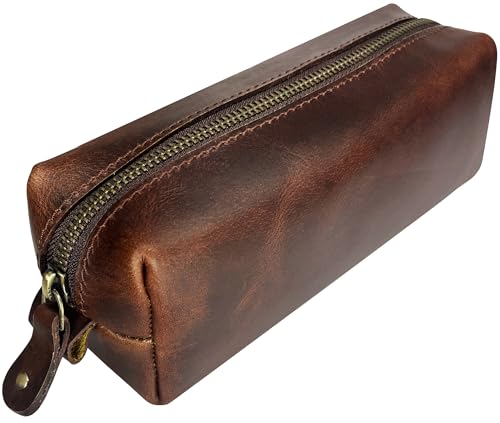 RUSTIC TOWN Leather Pencil Case - Handcrafted Full-Grain Zipper Leather Pen Pencil Holder - Elegant & Practical Pencil Pouch for Work & Office