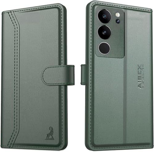 Image of AIBEX Compatible for Vivo V29 Pro 5G / Vivo V29 5G Flip Cover Leather Finish | Inside TPU with Card Pockets | Wallet Stand | Complete Protection Flip Case - Green