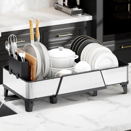 Image of Urackify Large Dish Drying Rack - Triple Expandable Dish Rack for Kitchen Counter, Stainless Steel Sink Organization and Storage Essentials with Utensil & Pans Holder for Home and Appartment, Black