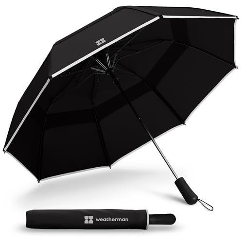 Weatherman Premium Collapsible Travel Umbrella - Windproof, Compact, Easy Auto Open - Resists Up to 55 MPH Winds - Perfect for Rain, Wind, Backpack, Car - Folding Umbrella (Black)