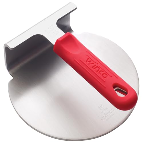 Winco SWS-6 One-Piece 18/8 Stainless Steel Smashed Burger Press with Red Silicone Sleeve