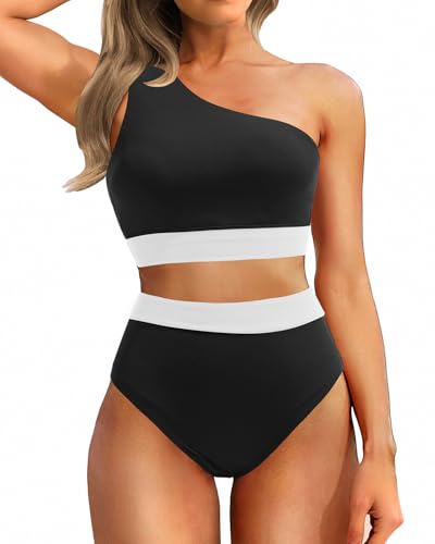 Image of Holipick Women One Shoulder High Waisted Bikini Set Two Piece Tummy Control Swimsuits Full Coverage Bathing Suit