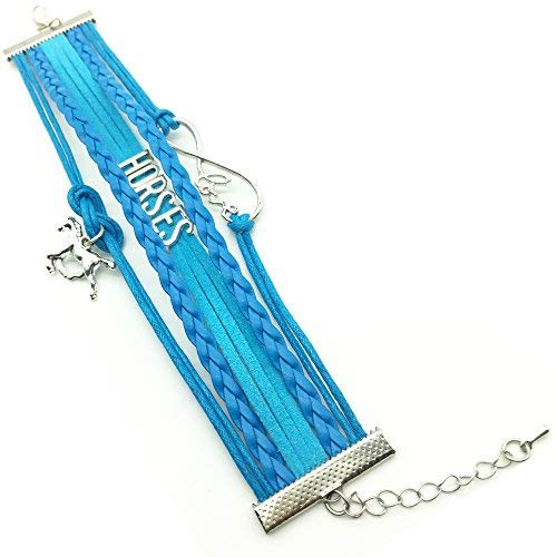 TimeLogo Infinity Love Horses Bracelet-Handmade Leather Strap Wrap Horse Charm Friendship Gift (Blue)