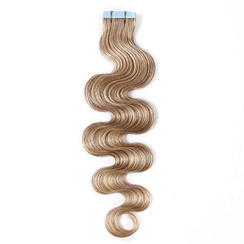 24" Remy Tape in Hair Extensions Wavy Human Hair Body Wave 50g Glue in Human Hairpieces Tape Down Dark Blonde