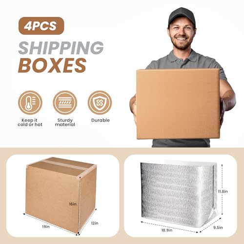 Image of YSSOA 4 Pack Insulated Shipping Boxes with Aluminum Foil Liner,Thermal Insulation Cold Pack Shipping Boxes for Frozen, Reusable Styrofoam Cooler Box, Small Mailing Box, 19'' x 12'' x 16''