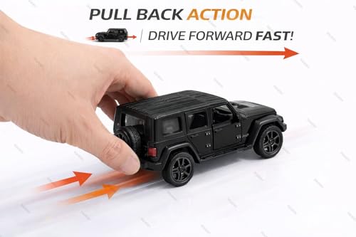 Image of 1:36 Scale Rubicon Car Model - Die-Cast Metal Pull Back SUV with Openable Doors, Lights & Music - Alloy Off-Road Toy Vehicle for Kids, Boys & Collectors (Black)