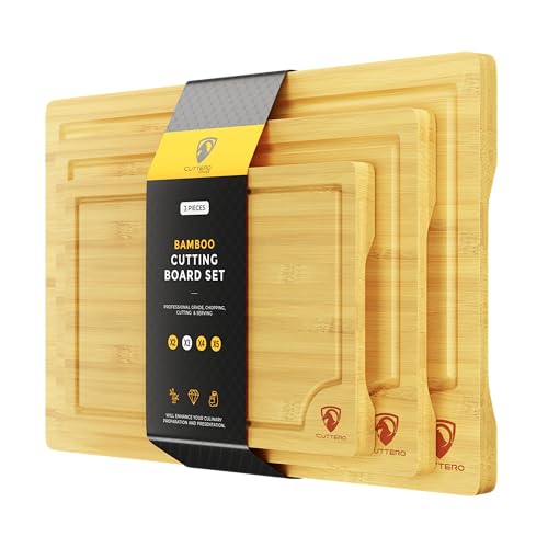 Cuttero Cutting Boards for Kitchen - Bamboo Cutting Board Set of 3, Cutting Boards w/Juice Grooves, Thick Chopping Board for Meat, Veggies, Easy Grip Handle - Kitchen Gadgets Gift