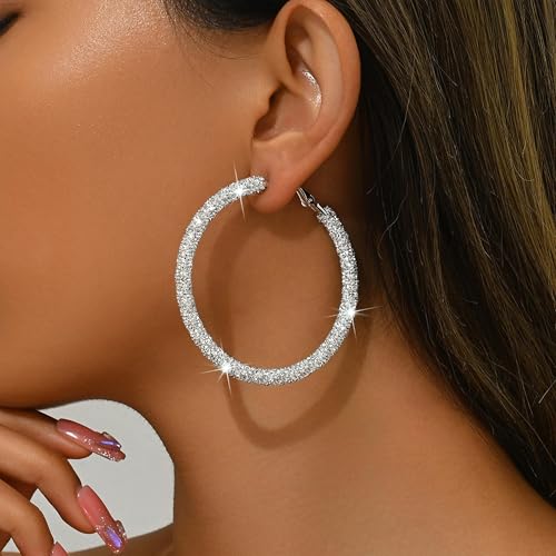 Rhinestone Hoop Earrings for Women Trendy Prom Dresses 2025 Big Gold/Silver Hoop Earrings Large Glitter Hoop Earrings Sparkly Hoops Earring Wedding Prom Formal Jewelry Gifts2