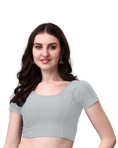 Image of Mogsa Stylish Cotton Saree Blouse for Women | Soft Dobby Stretch Fabric | Round Neck | Stitched Blouse for Party, Casual & Festive Use