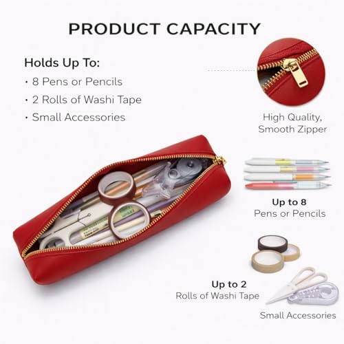 Image of Faux Leather Color Pencil Case Multifuncional and Simple with Zipper for School (Bright Red)