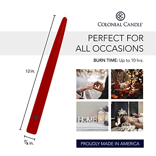 Image of Colonial Candle Unscented Taper Candle, Handipt Collection, Red, 12 In, Pack of 12 - Up to 10 Hours Burn