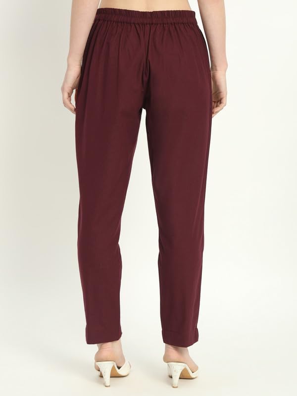Image of Women's Solid Straight Fit 100% Cotton Trousers | High Waist, Side Pockets, Ankle Length Pants for Office, Casual