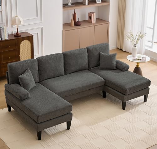Image of 98 inch Sectional Couches for Living Room, U Shaped Couch with 18 inch Seat Height, 4 Seater Couch Set with Double Chaise for Apartment, Living Room Sofas, Chenille, Dark Grey