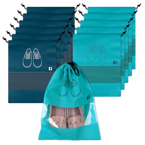Image of Urbane Home Pack of 12 Shoe Bags | Shoe Bags for Travel | Non-Woven Shoe Storage Bags | Storage Organizers Set | Shoe Cover with Transparent Window | Shoe Dori Cover | Navy Blue & Green