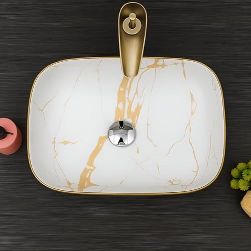 Image of Premium Designer Table Top Ceramic Wash Basin with Slim Rim, Modern Vessel Sink for Bathroom Vanity, Glossy White Countertop Basin, 18 x 13 x 5.5 Inch