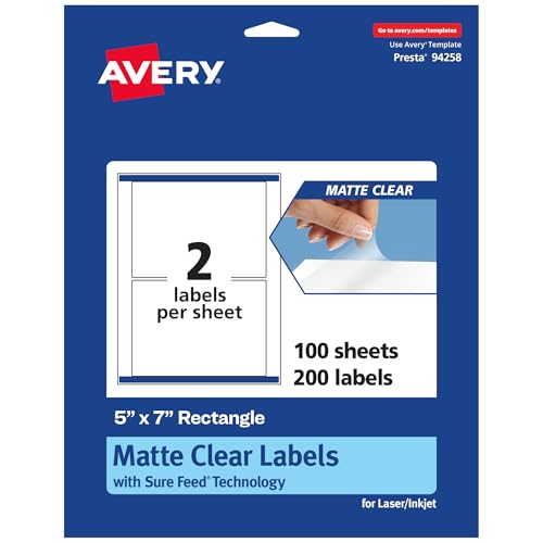 Image of Avery Matte Clear Rectangle Labels, Sure Feed Technology, 5" x 7", 200 Matte Clear Labels, Laser/Inkjet Printable