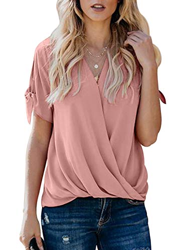 HOTAPEI Ladies Blouses Casual Summer Cut Out Tie Sleeve Wrap V Neck Work Chiffon Short Sleeve Blouses for Women Fashion 2021 Loose Fit Tops Shirts Pink M
