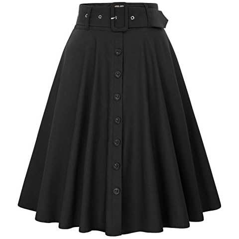 Women Vintage Skirts Solid Color Button Decorated High Waisted Flared A-Line Skirt Black L Cover
