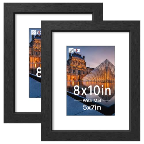 Image of VCK 8x10 Picture Frame with Real Glass, Black Wood Frame, 5x7 Mat, 2 Pack