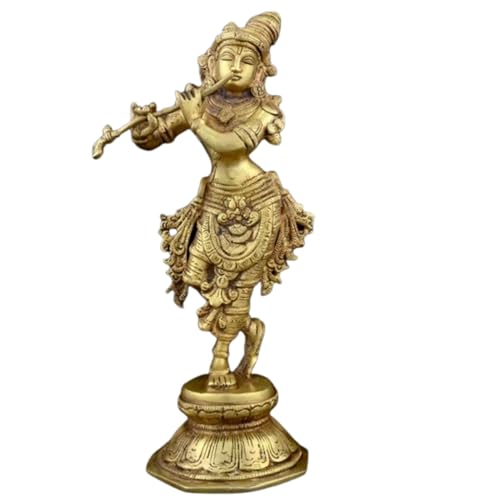 Image of 100% Pure Brass Lord Krishna Idol with Flute (23 cm) | Shree Lord Krishna Statue for Home Decor | Kanha Ji ki Murti for Office Desk | Sri Krishna Idols Gift for House Warming