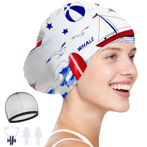 WHALE Extra Large Swim Cap Designed for Men and Women with Thick, Long Hair, Hair Extensions Or Afro-Textured Hair Long-Hair Swim Cap Highly Waterproof to Keep Hair Dry (Ocean Waves White)