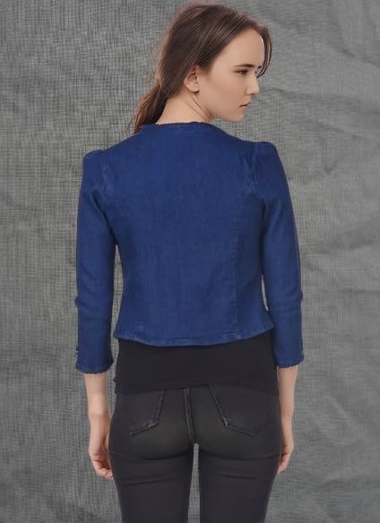 Image of Women's Blue Cropped Blazer, 3 /4 Sleeves, Button Front, Formal Jacket
