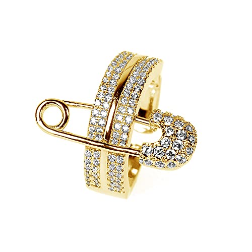 NewZenro Wide Flat CZ Safety Pin Chunky Open Rings Fashion Gold/Silver Plated Cubic Zirconia Paved Expandable Engagement Promise Statement Band Rings Opening Rings for Women Birthday Party 17mm