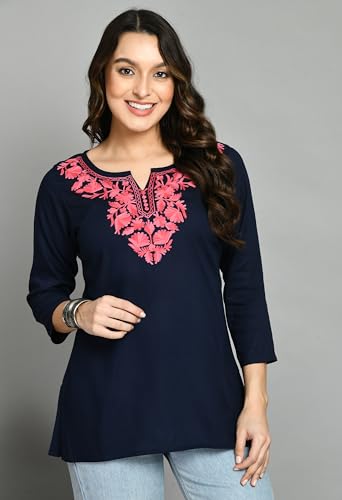 Image of QAZMI Women's Cotton,Rayon Embroidered Regular Tunic Shirt