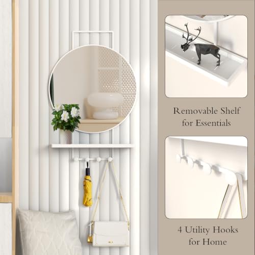 Image of BEAUTME Wall Mirror with Shelf and Hooks, 30x20 Inch Metal Framed Round Bathroom Mirrors with Shelf, Modern Farmhouse Wall Decor for Living Room Bedroom Entryway, Vertical (White)