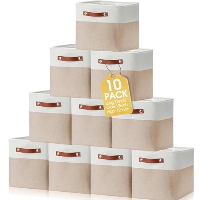 Uiifan 10 Pcs Collapsible Storage Bins Fabric Foldable Storage Basket with Handles Cloth Organizer Linen Shelf Baskets for Shelves Home Closet Nursery Toys(12 x 12 x 12 Inch,Beige and White)