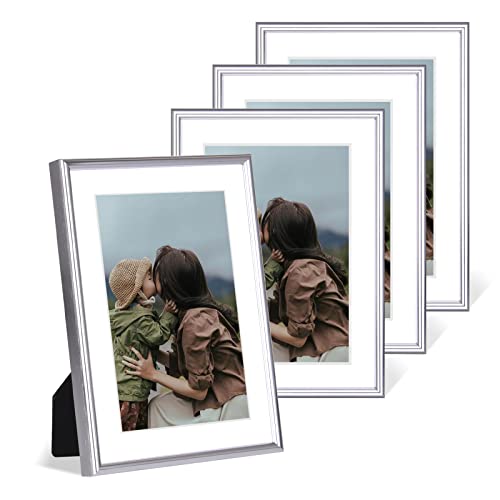 Fkvat 5x7 Picture Frame Set of 4, Matted Silver Simple Moder