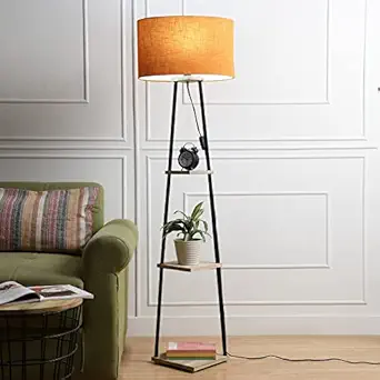 SANDED EDGE - SMARTLY PRICED Midwest 3 Tier Shelf Storage Floor Lamp in Natural Wood and Black Metal Legs and Oval Shape Shade in Orange Color for Home, Living Rooms, Bedroom, Office, Gift (Pack of 1)Orange