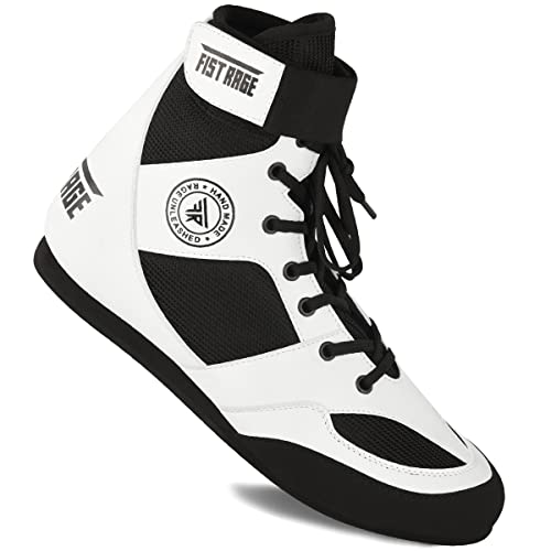 Fistrage Boxing Shoes Leather Kick Fighting Training Mesh Unisex Pro Men's And Youth Genuine Light Weight Boot | Shoe For Adults (White-Black, 7) #TOP2