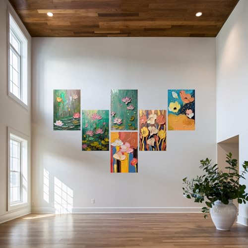 Image of SiddArtify Palette Knife Floral Art Prints Set - Teal Pink and Gold - 300GSM Board - 8x12 Inch - Pack of 6 Wall Room Decoration art Poster Prints