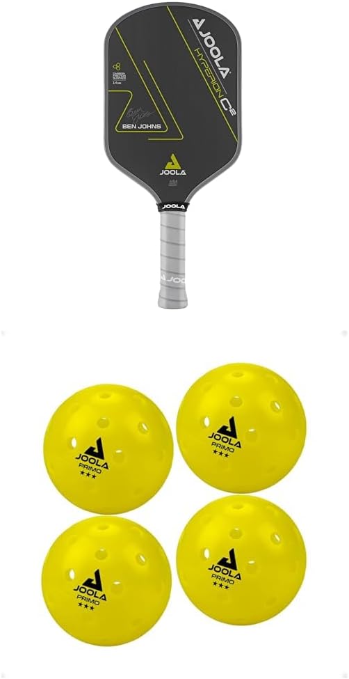 Ben Johns Hyperion C2 Pickleball Paddle - Aero-Curve Shape w/Charged Surface Tech for Pop & Power, USAPA Approved + JOOLA Primo Indoor/Outdoor Pickleball Balls