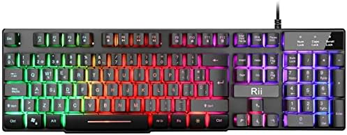 Rii RK100 + klawiatura gamingowa z podświetleniem tła z 5 kolorami tęczy. Mechaniczna i wysoka czułość. Z kablem. Kolor czarny. Klawiatura hiszpańska.