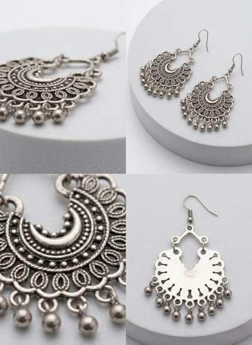 Image of Oxidised Long Necklace and Earrings Set | Traditional Ethnic Tribal Design | Dual-Layer Beaded Chain with Circular Pendant | For Women and Girls