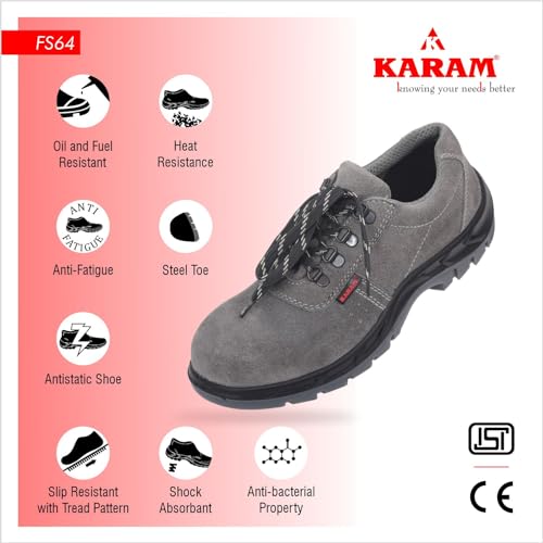 Image of Karam FS64 Suede Grey Leather Safety Shoes for Men | Double Density, Steel Toe | Black PU Mid Sole,|Antistatic, Antislip, Oil & Heat Resistant | Grey
